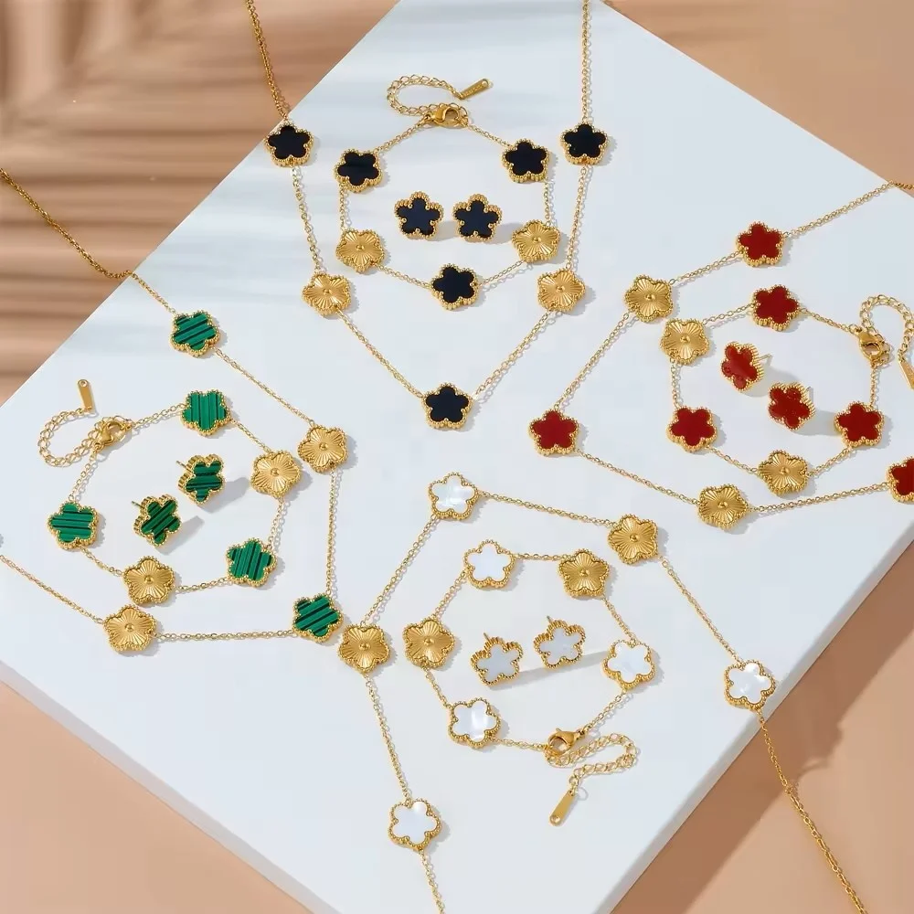 Fashion luxury 4 Piece Jewelry Sets 18K Gold Stainless Steel Flower Clover Necklace and Bracelet Earrings Jewelry Sets For Women