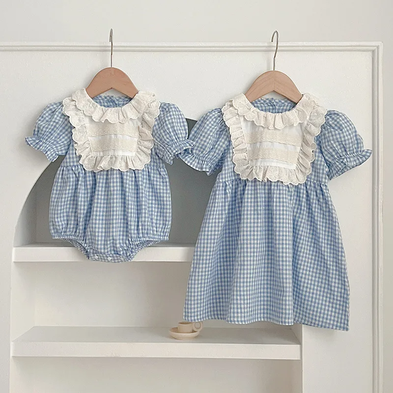 New Summer Baby Plaid Lace Girls Dress Sister Dress Baby Romper