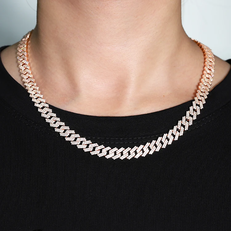 Pink Cuban Chain Pure Silver Plated 18K Gold 8mm Wide Handmade Insert 2 Rows Vvs Moissanite Link