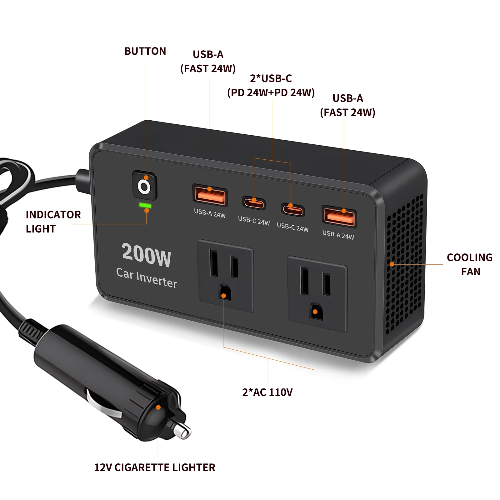 Newly 200W Car Inverter DC 12V to AC 110V Inverter 4 USB Ports Dual Car Power Inverter Adapter With Type C for Vehicles