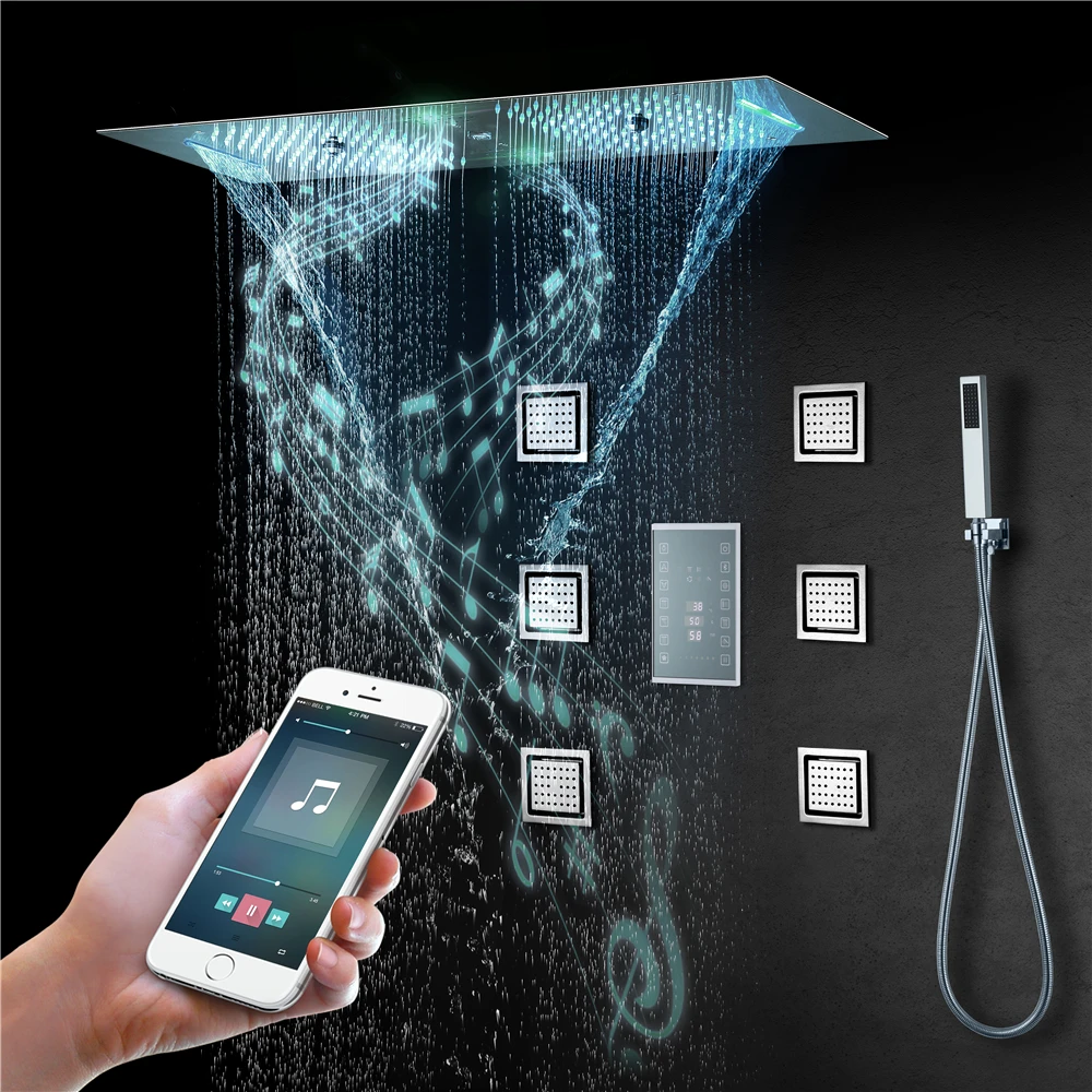 36*12inch Music Led Water Column Rain&Waterfall Shower Touch Control Main Body Thermostatic Shower Faucet Set with Body Jet