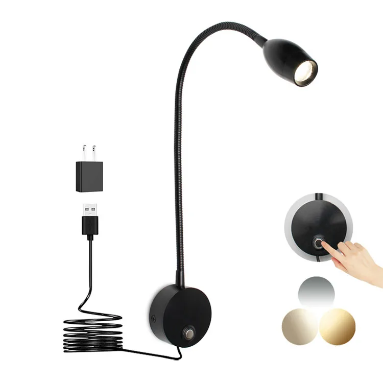 Touch Control Dimmable Flexible LED Wall Light modern Bed Study gooseneck Room Bedside Reading Wall Lamp 3W
