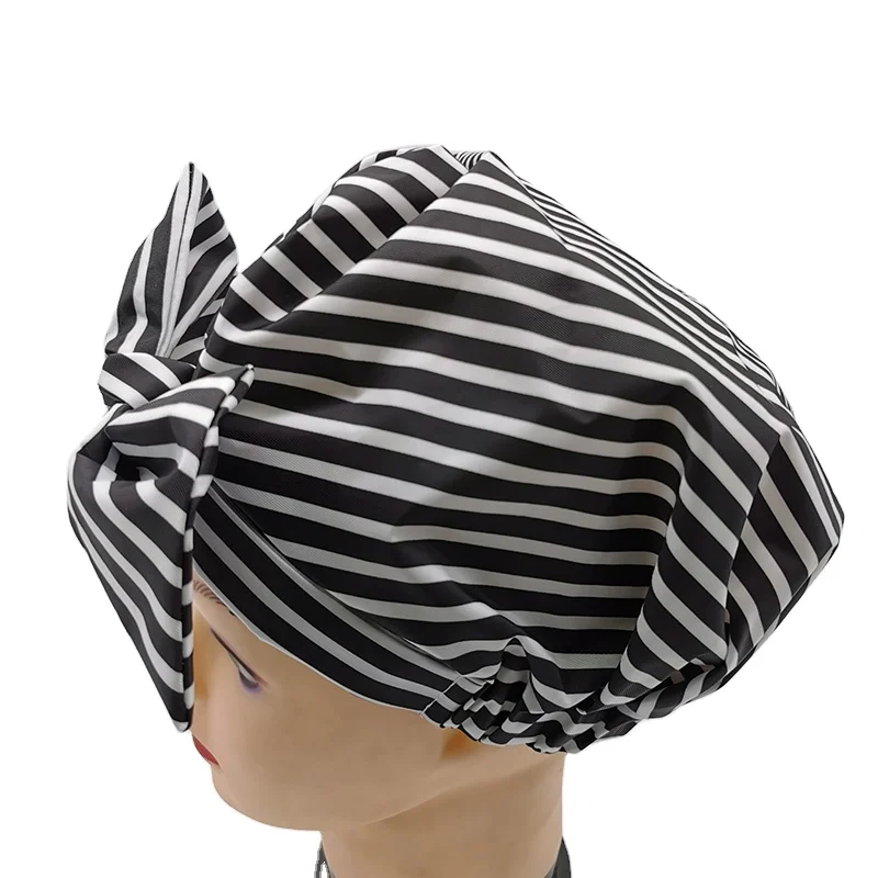 customized black white stripe pvc extra Large Turban bath waterproof Shower Cap for woman Hair
