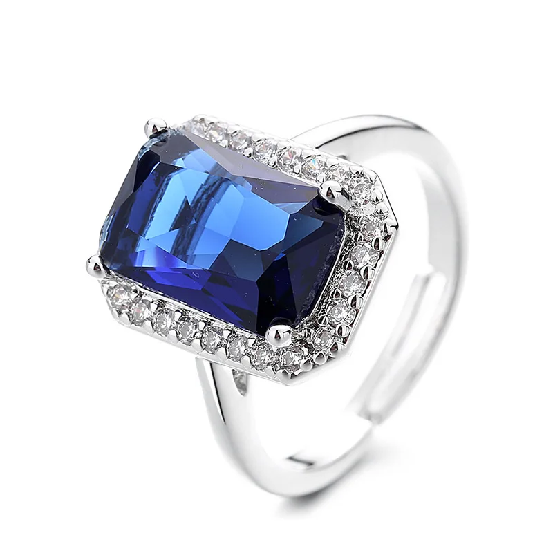 Dropshipping New temperament rectangular sea blue full of diamond color open ring for women ring jewelry wholesale R91