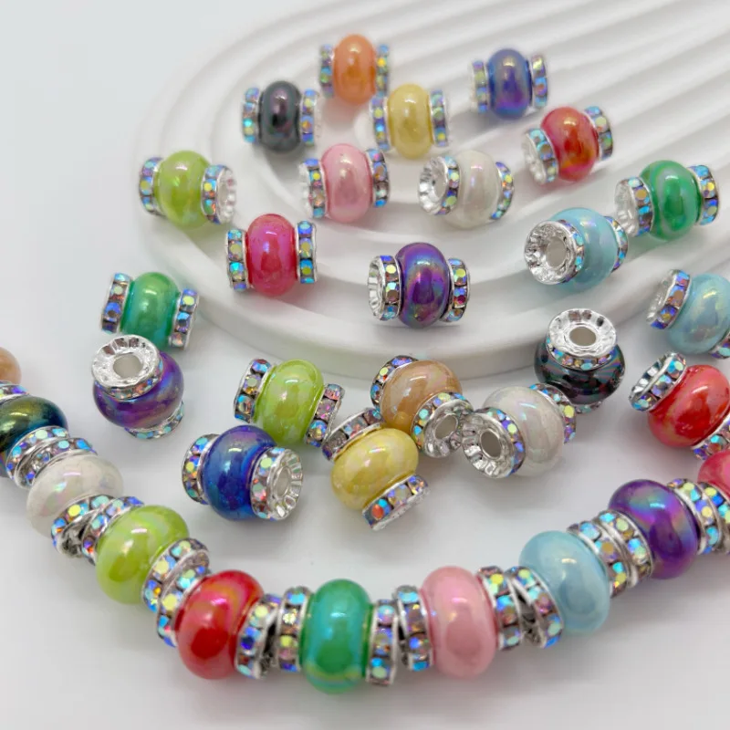 Candy Color Hand-made Connector Spacer With Rhinestone Accents Large Hole Acrylic Spacer Beads For Beaded Keychain Pen Making