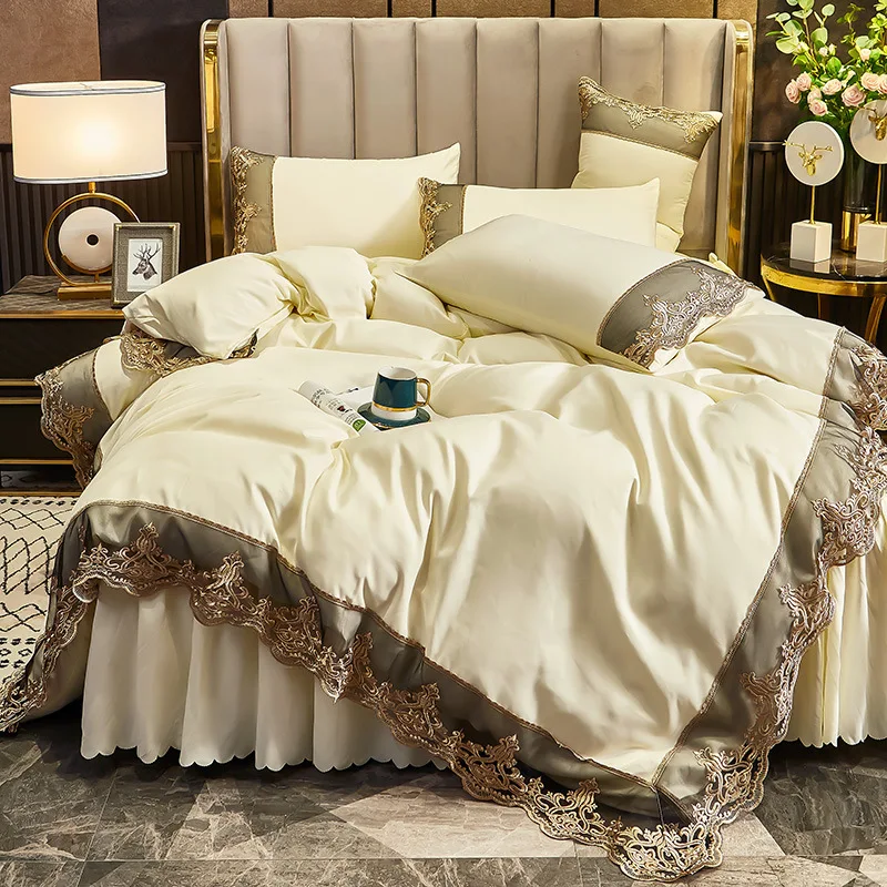 western luxury design korean princess style 4pcs wedding lace edges duvet cover bedsheet bedding set