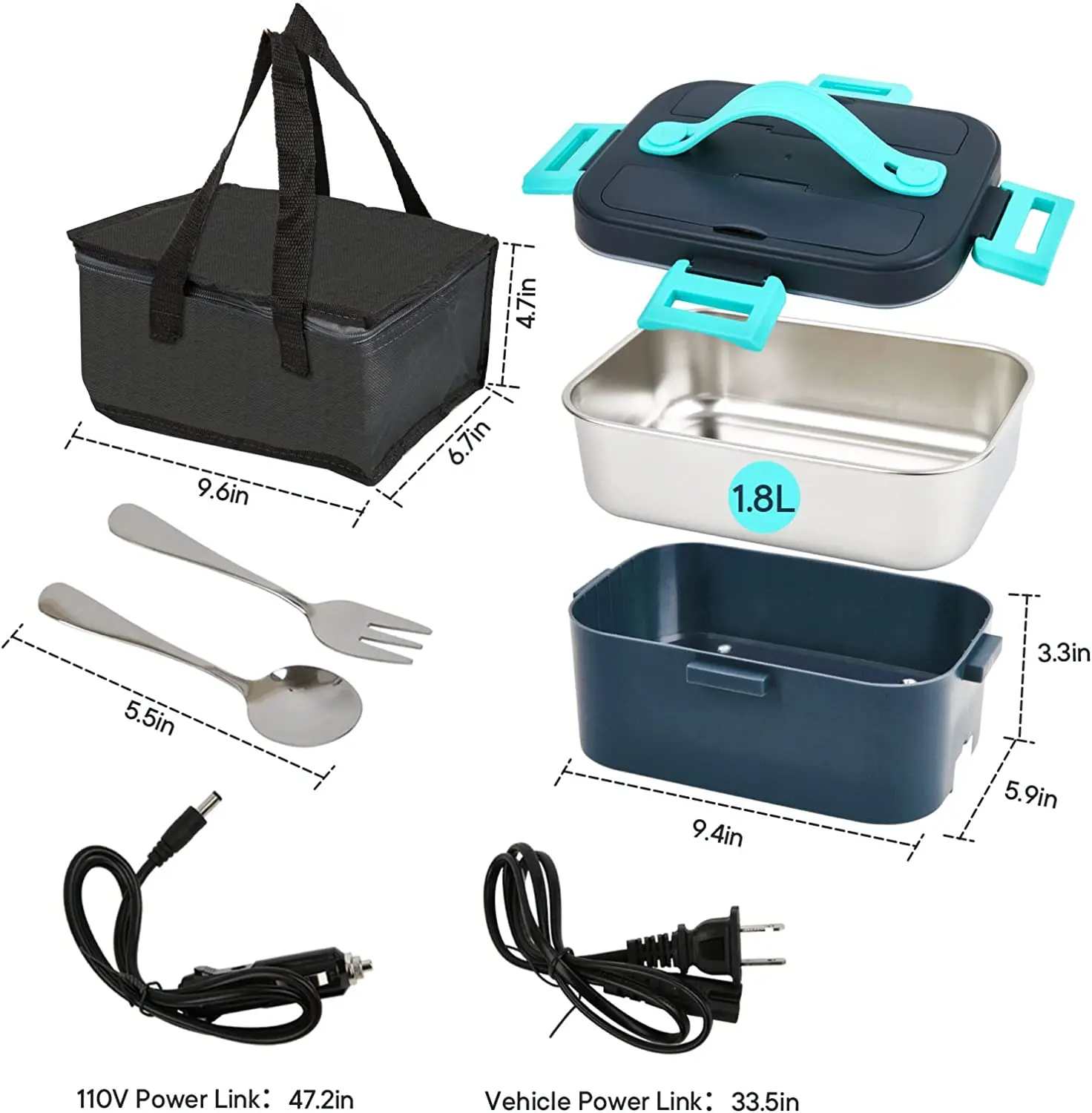 1.8L Electric Lunch Box 75W Household and Car Food Heater,12V/110V 304 Stainless Steel, Leak-proof Lunch Box