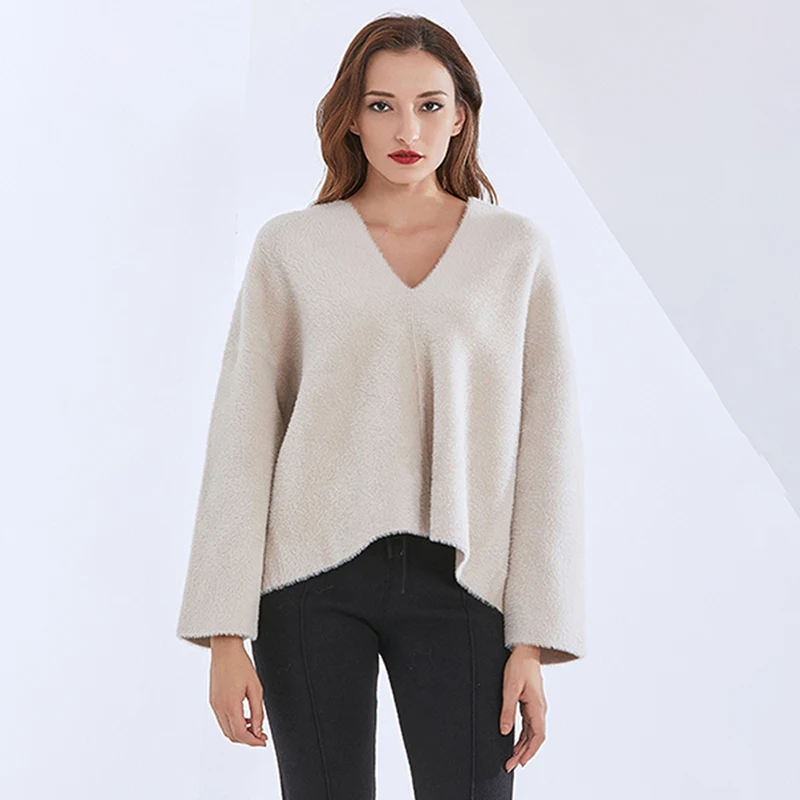TWOTWINSTYLE Soild Minimalist Knitting Sweater Casual V-Neck Long Sleeve Clothes For Women