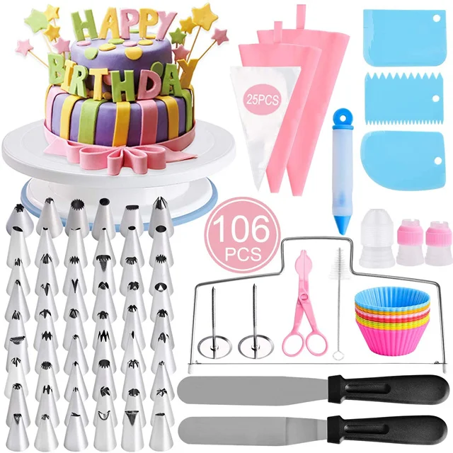 Cake Decorating Supplies Kit Cake Layering Tools Cake Baking Supplies Tools Hot Sale 106pcs Silicone Moulds Pink Customizable