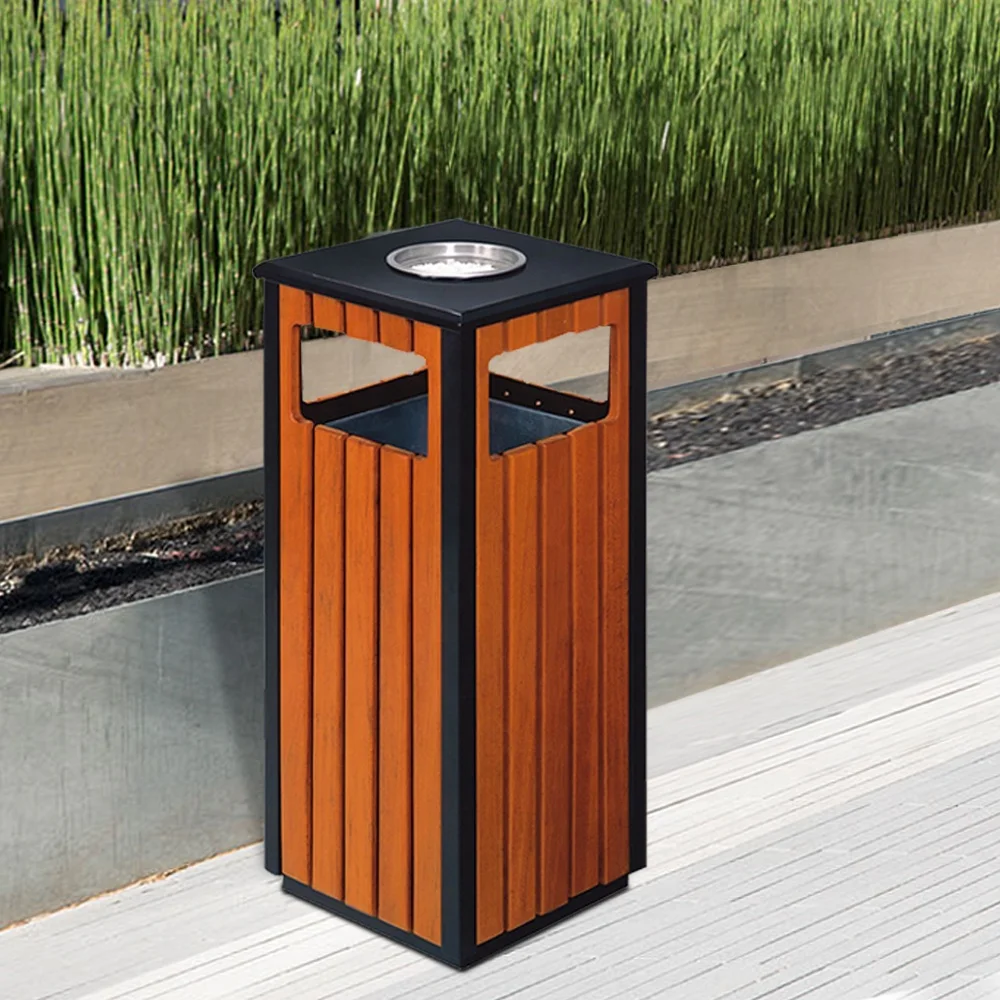 Outdoor commercial garbage bin and  park rubbish bin wood ashtray dustbin for community