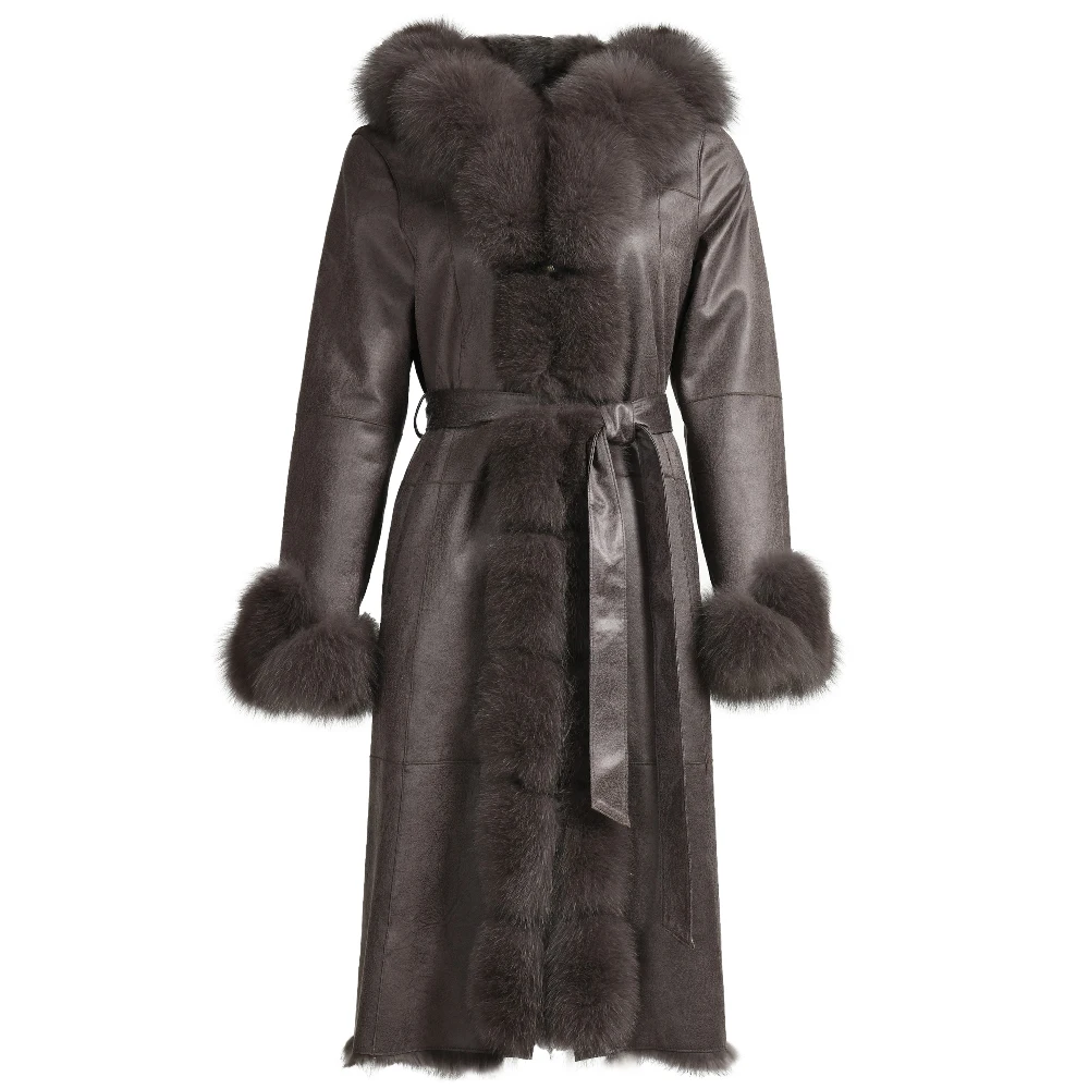 New Design Wholesale Fashion Ladies Long Hooded Shearling Coat With Real Fox Fur Winter Women Plus Size Shearling Coats