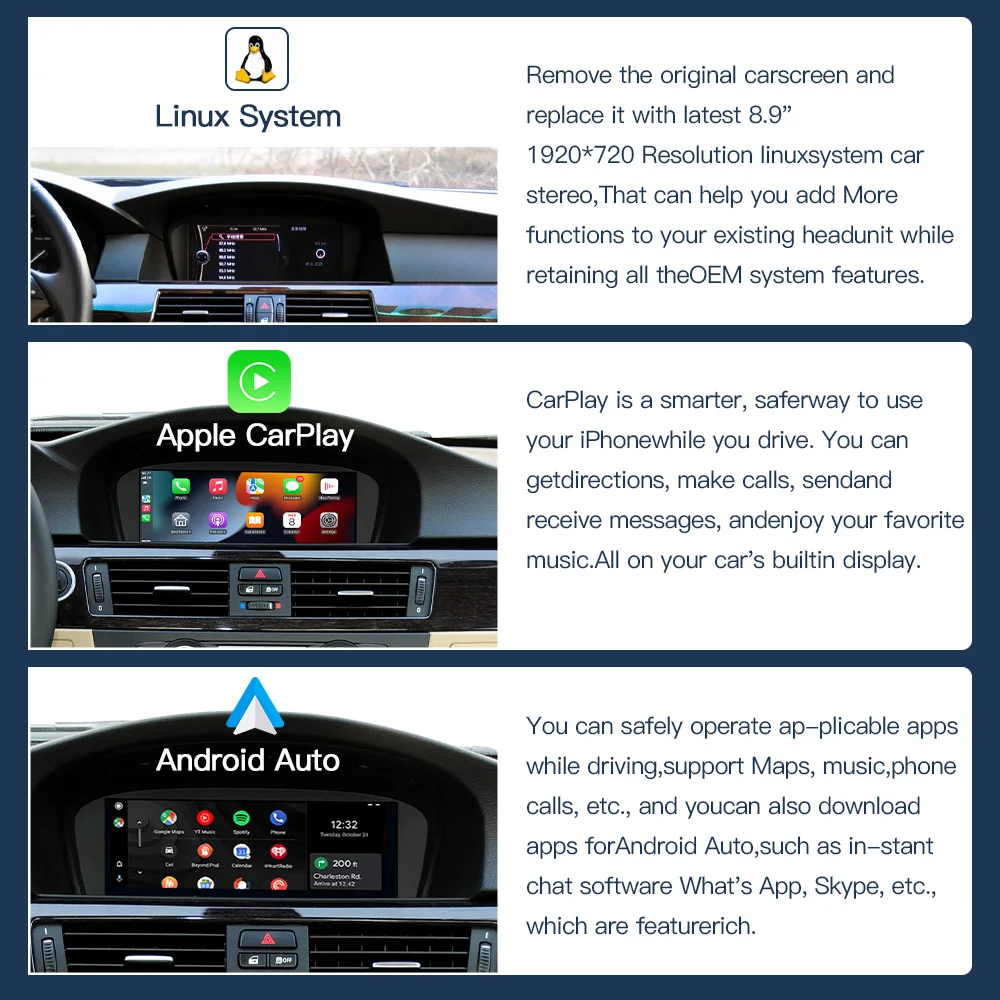 autoabc 8.9 inch Android Auto Wireless Carplay Car Multimedia Touch Screen  2010-2012 For BMW  E60/E63/E64/E90/E93 linux carplay