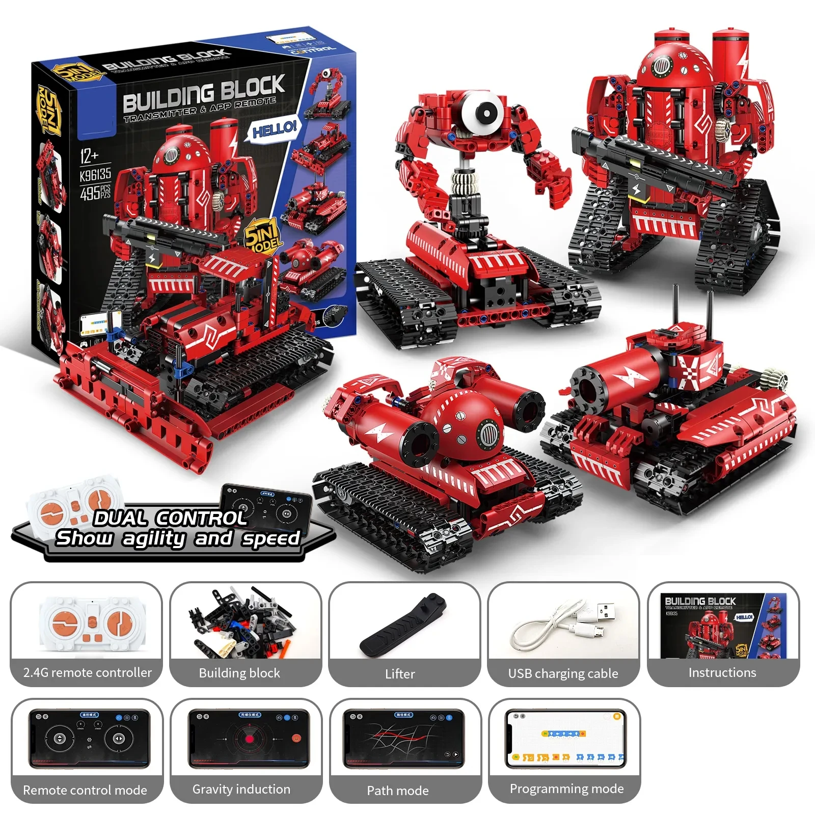 5 in 1 2.4G  STEM educational app programming diy assembly remote control robotic bricks toy robot building block sets