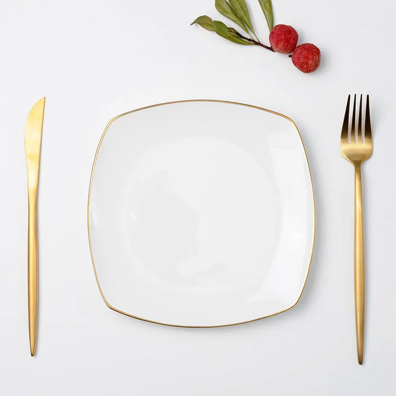Wholesale Factory Price Simple Elegance Gold Rim Line Bone China Dinner Plate Charger Plates for Star Restaurant and Hotel