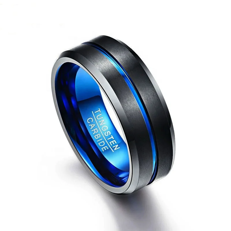 8mm Matte Finished Tungsten Ring Polished Blue Groove Black Wedding Band Comfort Fit