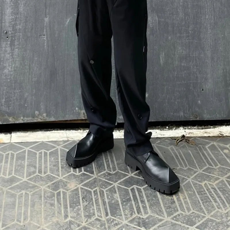 Xinzirain Custom Size 35-45 Thick Bottom Leather Fashion Round Strange Toe Black Fur Chunky Derby Shoes Men