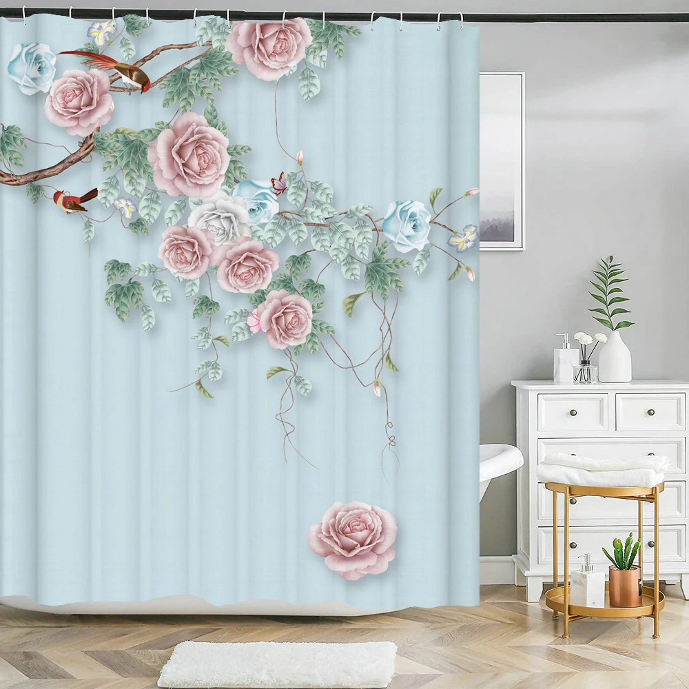Beautiful Flowers Shower Curtains Floral Printed 3D Curtain For Bathroom Polyester Fabric Waterproof Bathroom Curtain with Hooks
