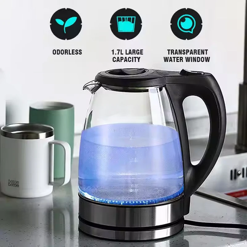 1.7L Auto-Shut off Electric Glass Tea Kettle Mechanical Control Water Boiler Heater with Blue Light for Home or Hotel Use