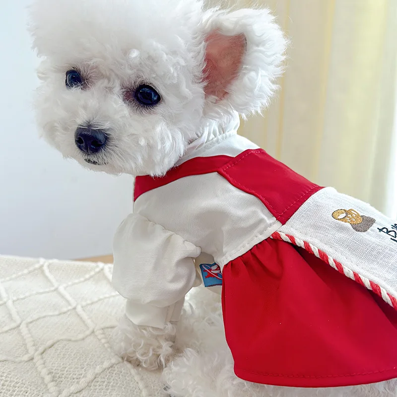 French Style White Red Pet Dresses for Dogs Cats Summer/Spring Solid Pattern Polyester Sustainable Cute Design for Small Animals