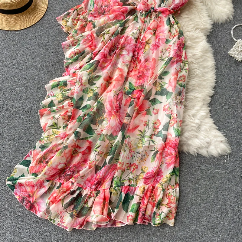 New arrival Summer Boho Floral Dress Chiffon Women Floral Maxi Dresses Summer One Shoulder Chiffon Korean Dress Floral