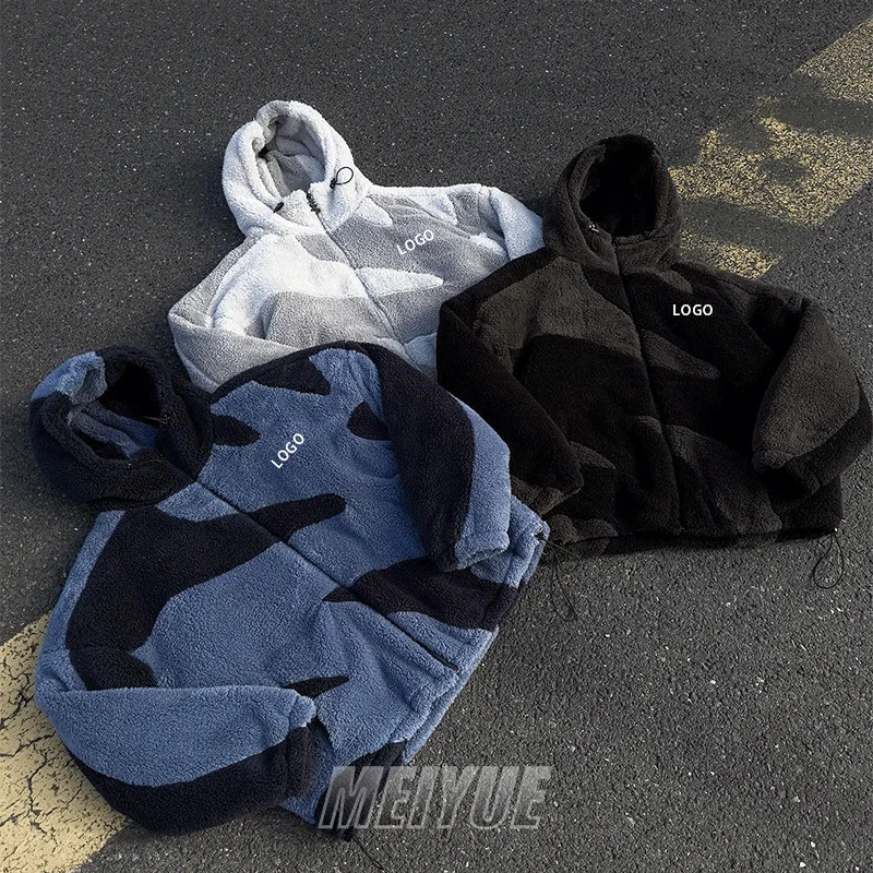 Custom Sherpa Embroidery Logo Streetwear Winter Warm Color Blocked Patchwork Zip Up Fluzzy Fleece Hoodie For Men Manufacturer