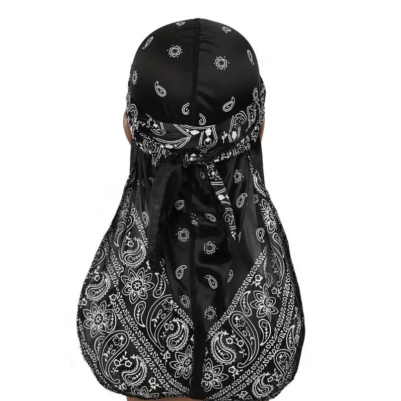 Unisex Men Silk Durag Custom Print Soft Bandana Turban Hair Accessories Women Hip Hop Long Tail Straps Do Doo Silky Durags