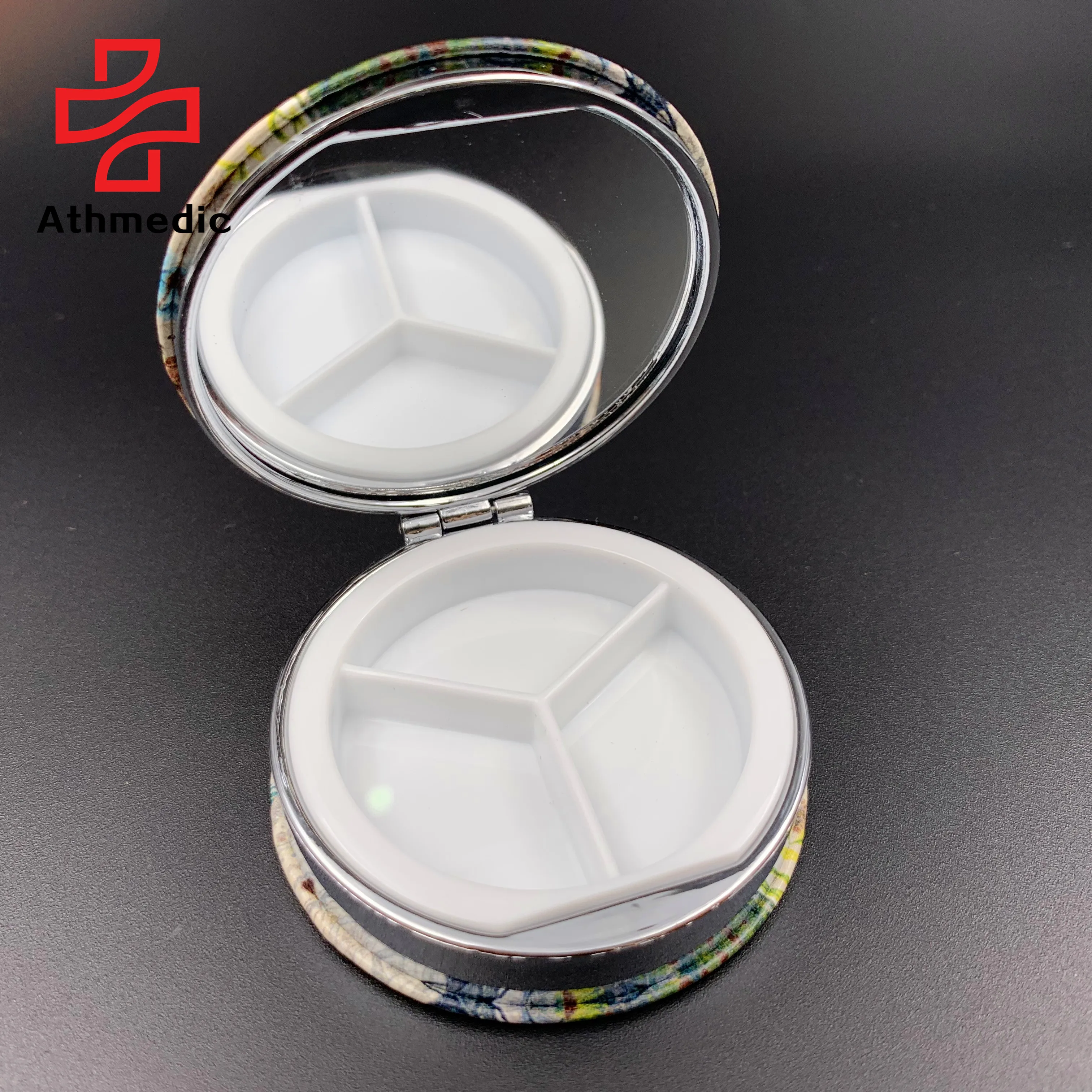 2022 Athmedic food grade 3 case round circle mirror jewelry promotional mirror decorate metal pill case box