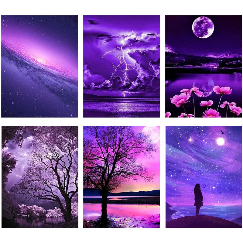 DIY 5d Full Drill  Diamond Painting Purple Sky Night  Moon Tree Flower Diamond Painting for Home Decor
