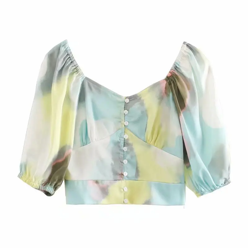 High Quality Summer Women Tie-dye Square Collar Lantern Sleeve Shirt Sexy Short Top Brand Designer Elegant Blouse Clothes spring