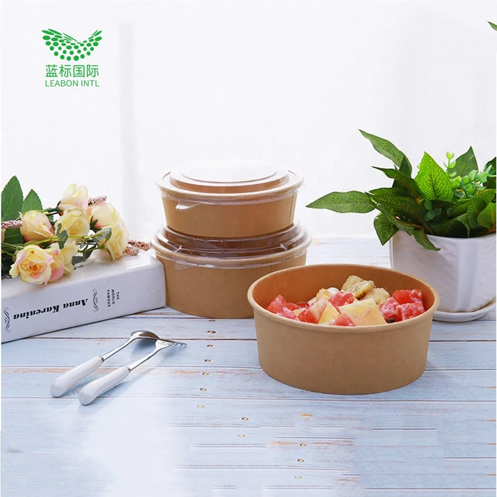 Wholesale Cheap Kraft  Paper bowls with lids Salad bowl food packaging containers to restaurant take away