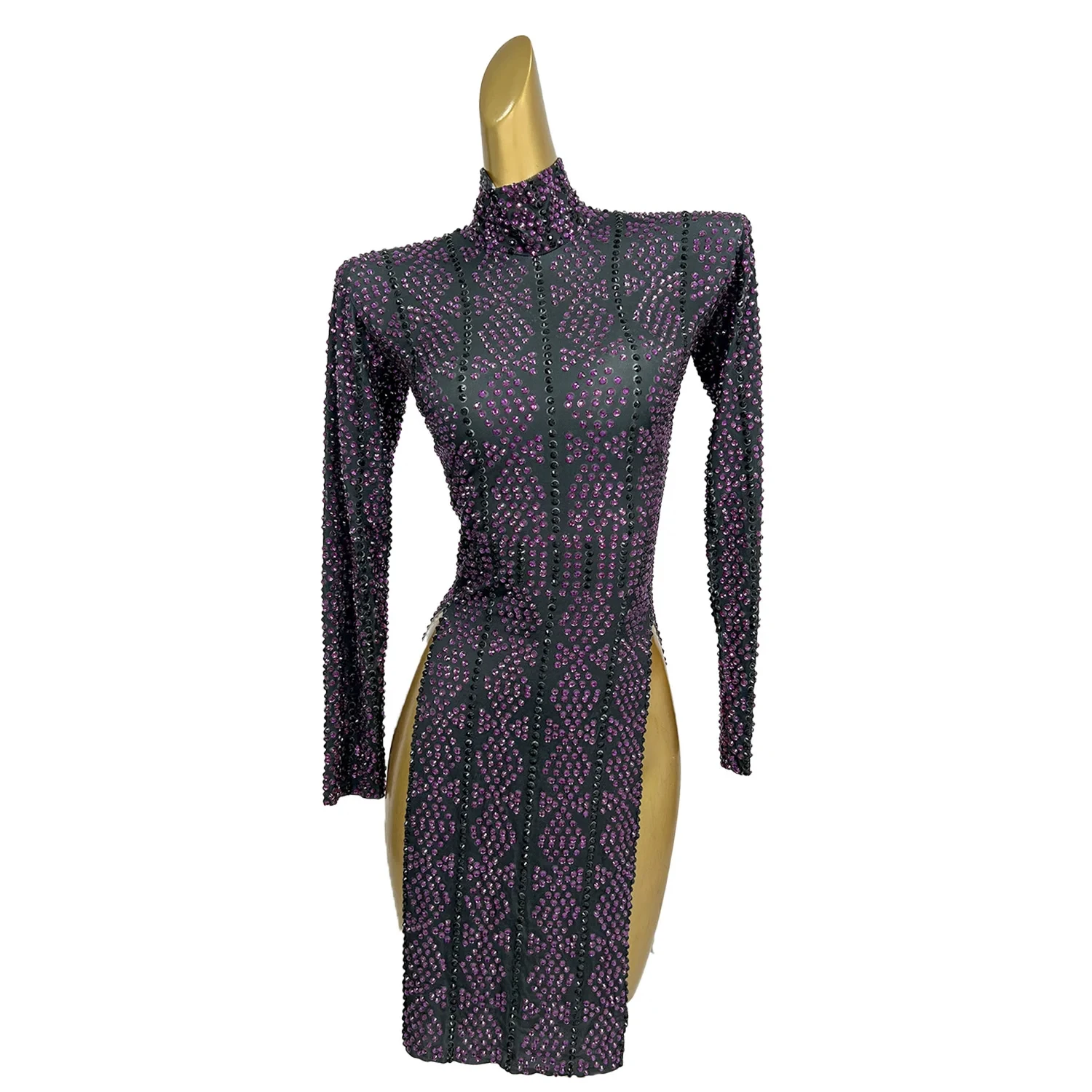 Purple Rhinestone Cocktail Banquet High Slit Dress Exotic Dancer Costume Short Evening Dress Women Birthday Club Party Dress