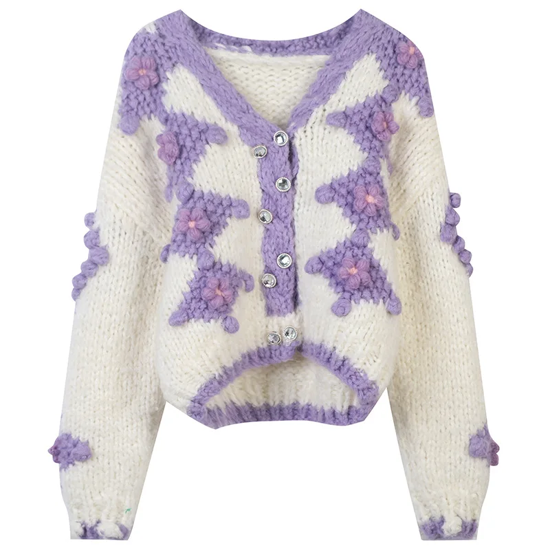 New Arrivals Winter Thick Double Button Flower Pattern V Neck Cardigan Knitted Knitwear