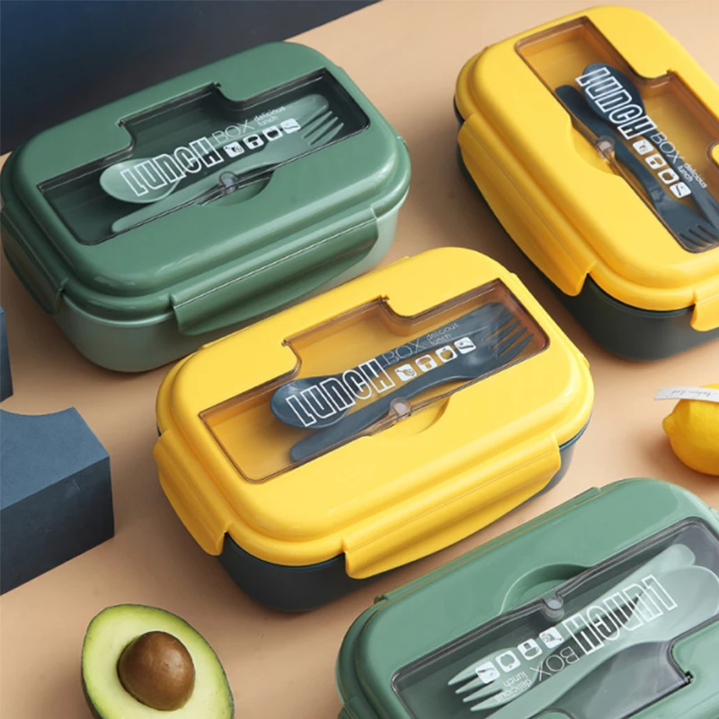 Детский Пластиковый Прямоугольный Ланч-бокс bento с 2 отделениями и столовыми приборами