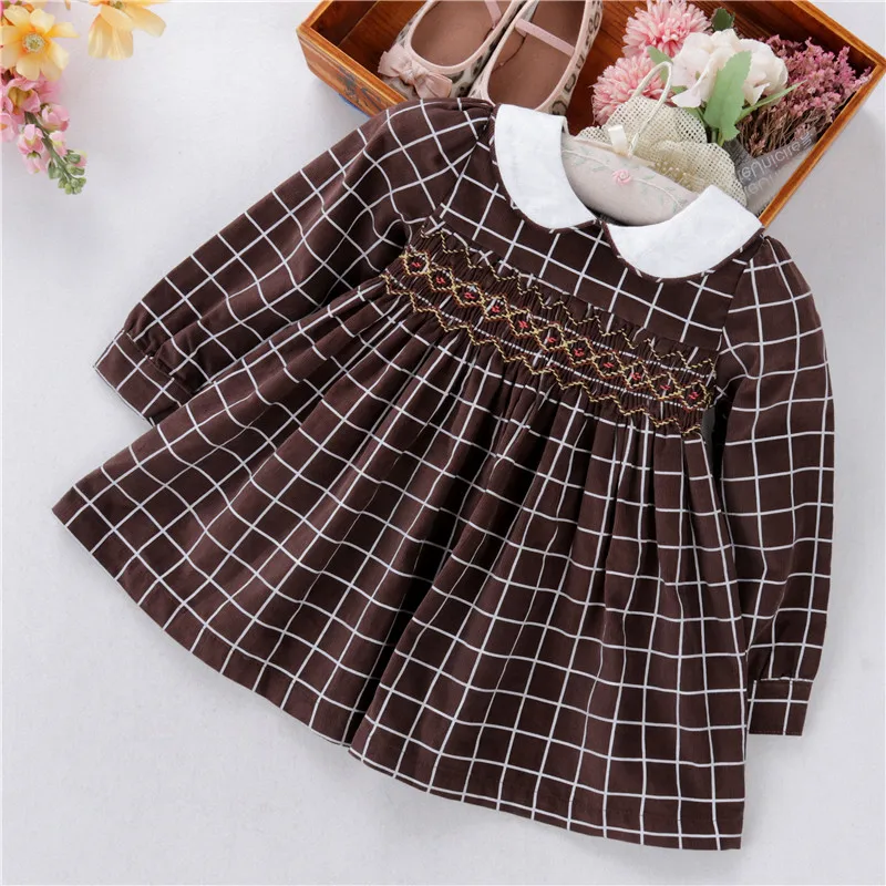 B062655 baby dresses smocked winter plaid corduroy long sleeve kids clothing wholesale casual dresses