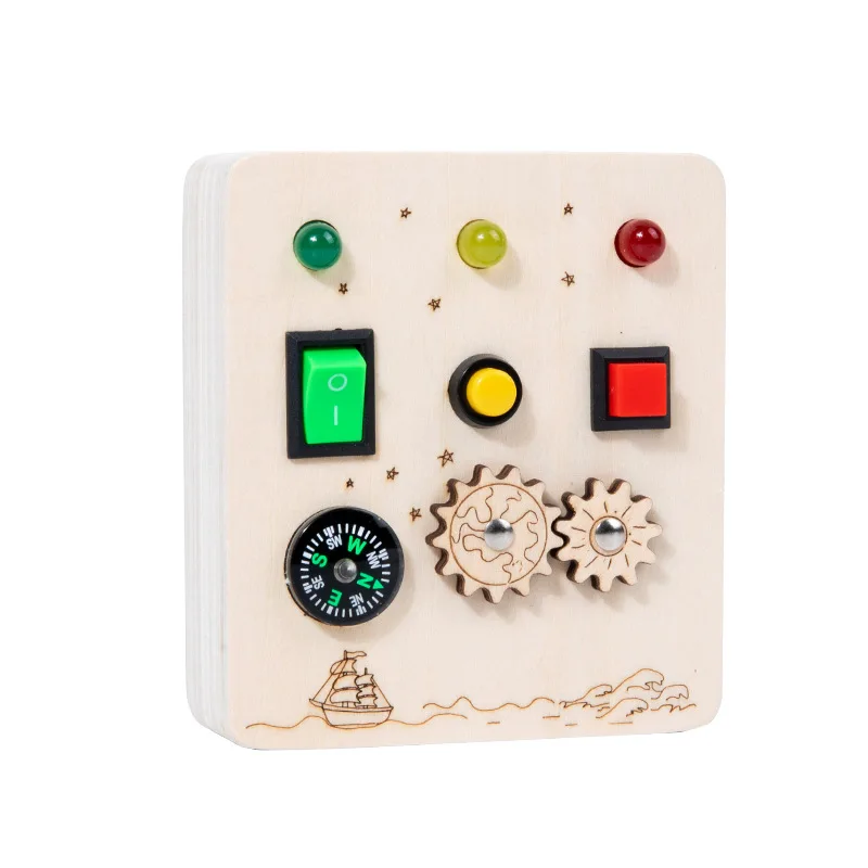 Best Selling Unisex Montessori Toy Three Wooden LED Light Switch Buttons Busy Board Control Circuit Panel for Children