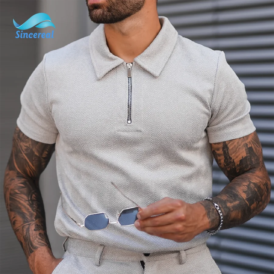 Custom logo summer Men Cotton Polyester casual Stretch fit grey textured fabric grey zipper premium Polo 2 piece shirt short set