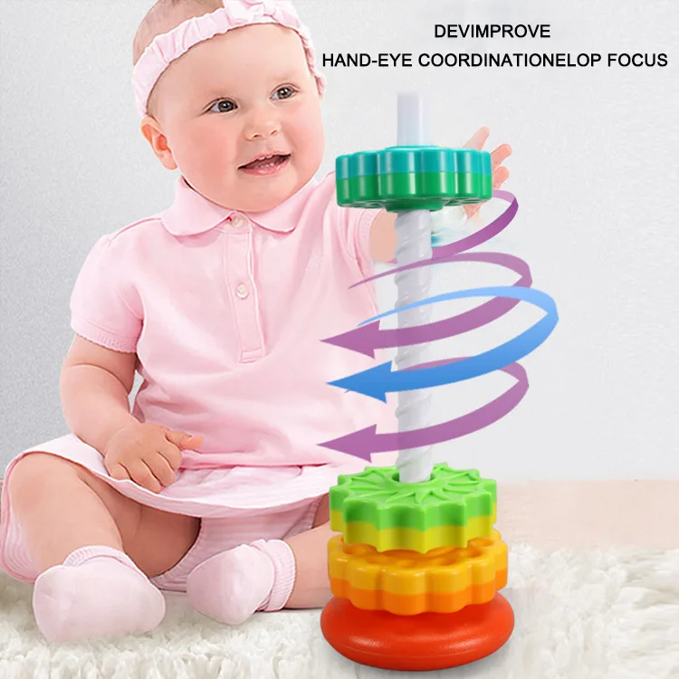 2024 TE MU Educational Toy  Early Education Stacking Building Block Montessori Toys Rainbow Spinning Tower