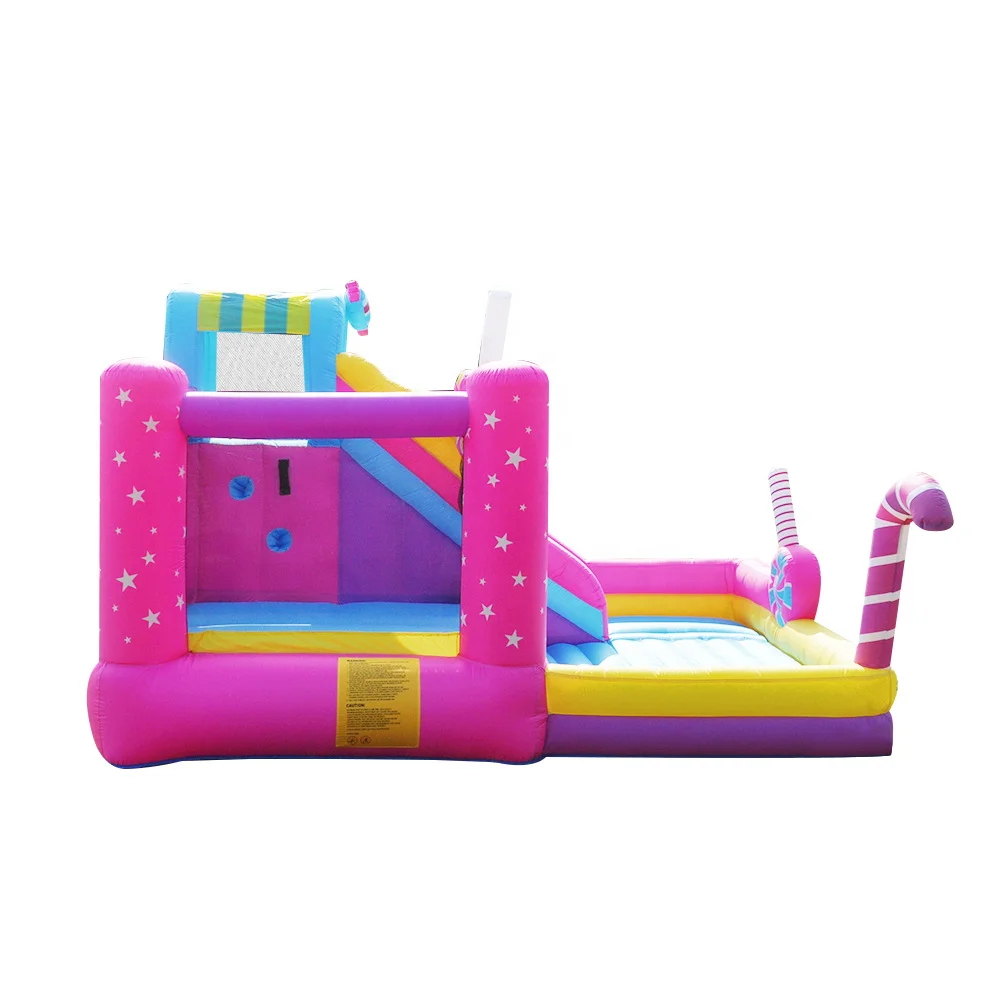 Inflatable bouncy house, climbing wall, jumps, water guns, splash pool for children in indoor & outdoor backyard.