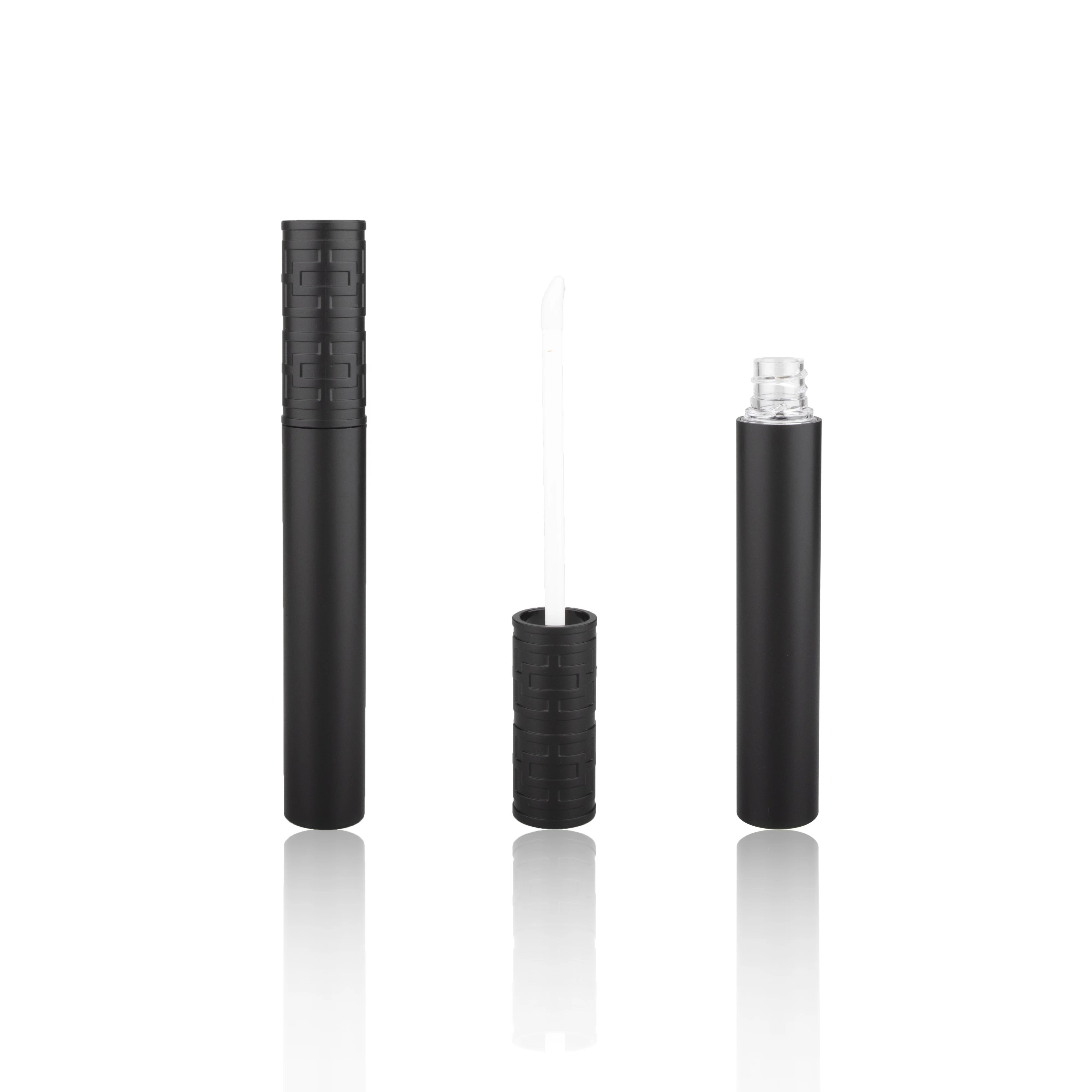 Unique Matte Black Round Lipgloss Wand Tube Cylinder Shape Lip Gloss Bottle with Flat Doe Empty Black Liquid Lipstick Case Label