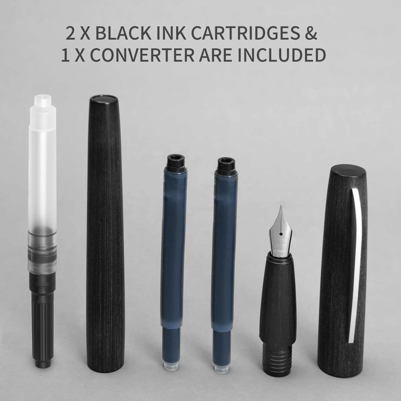 KACO EDGE Fountain Pen, Fine Nib with 2 Large Capacity Black Ink Cartridges in Gift Box with Converter Set Black Barrel