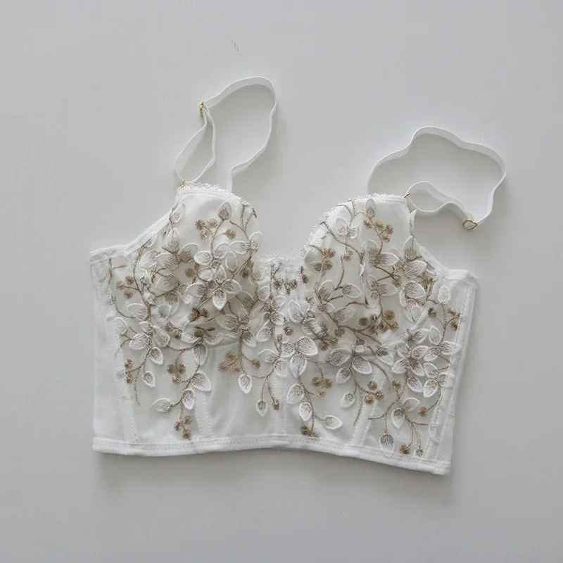 Three-dimensional embroidered bra sexy lace fish bone corset widened breasted with steel ring 2/1 half cup bralette underwear