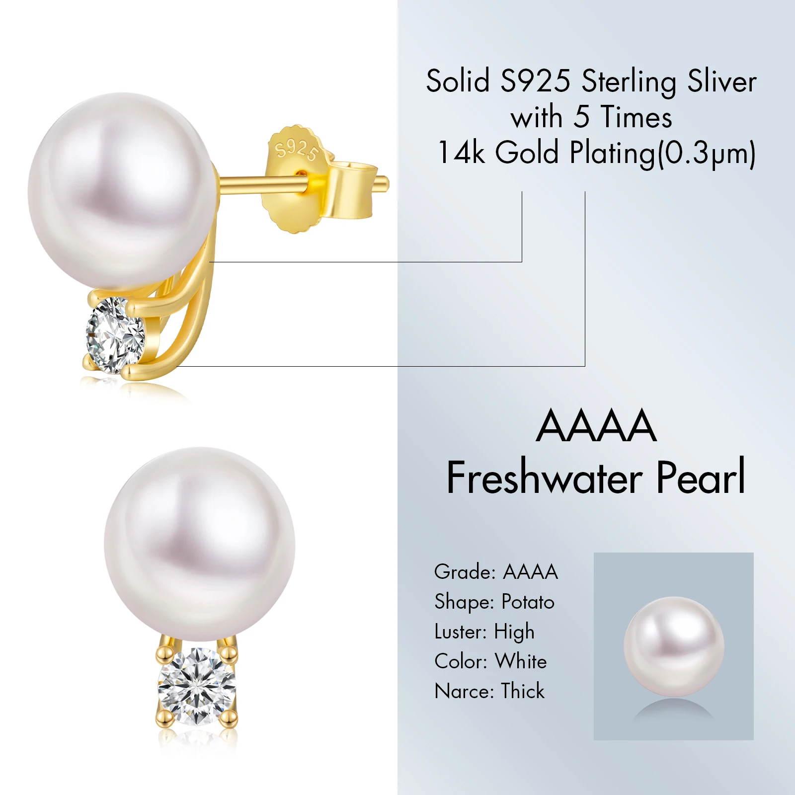 New 14K White Gold Plated Real Pearl Stud Earrings Women 925 Sterling Silver Natural Freshwater Pearl Diamond Earrings for Girl