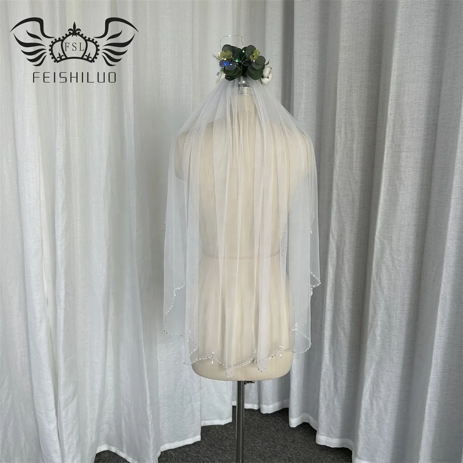 Feishiluo Wholesale  Luxury Short Crystal  Bead  Edge Wedding Veils One Layer   Pear Bridal Veil For Women Veil  With Comb
