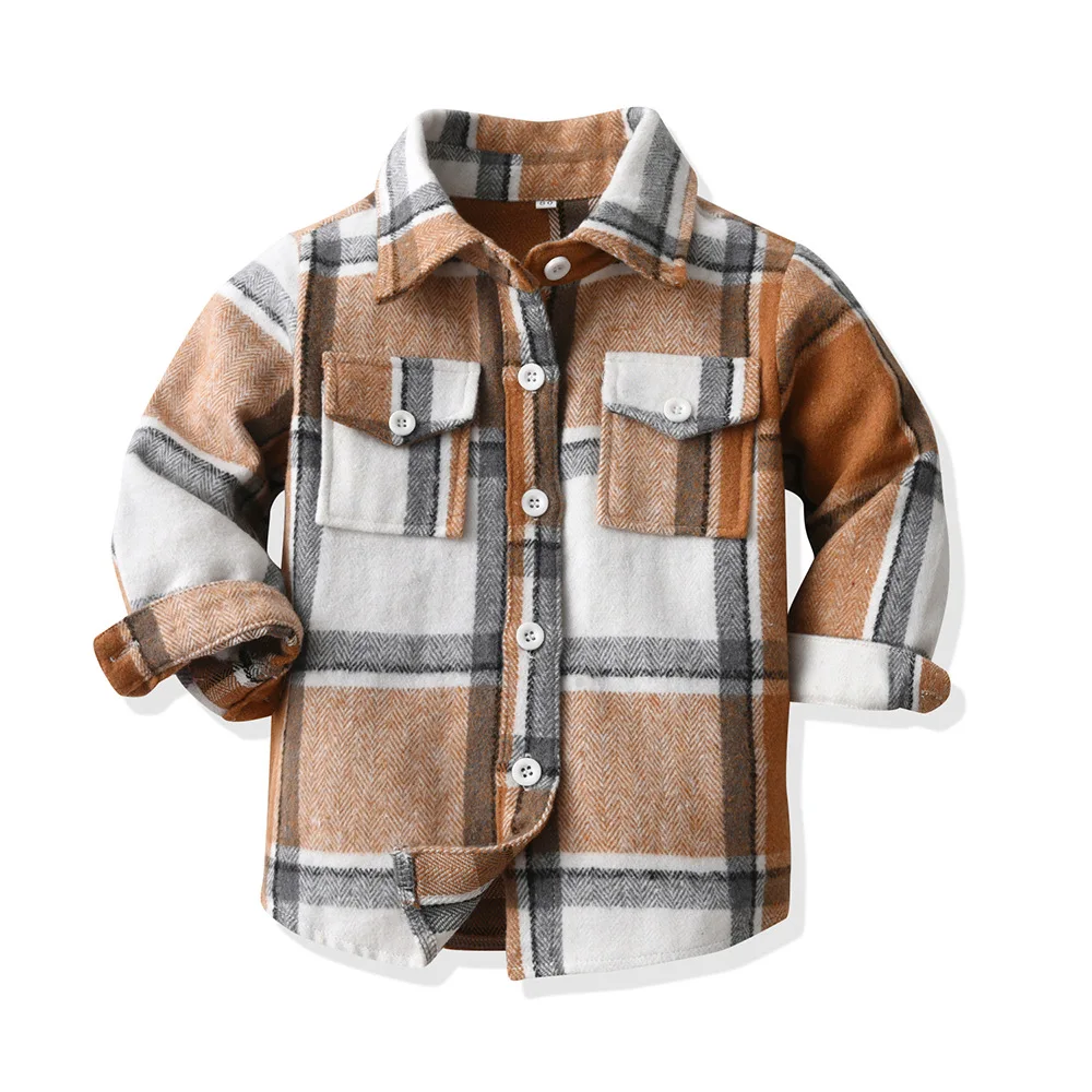 1Pcs Logo Children Plaid Brushed Long Sleeved Cardigan Autumn Lapel Single Breasted Top Casual Coat
