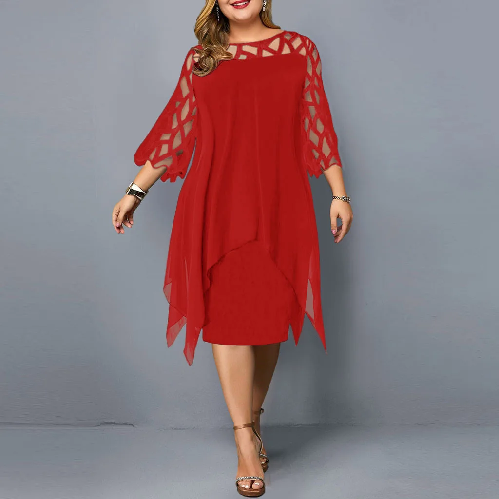 Wholesale European American Seven-Point Sleeve Irregular Hem Chiffon Dress with Lace Stitching Available on