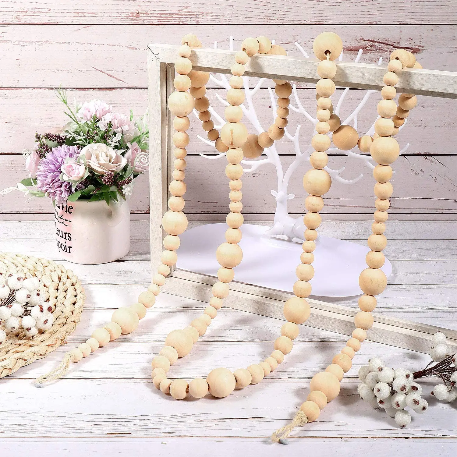 13.6 Feet Christmas Wood Bead Garland Christmas Tree Garland Boho Decorations Wall Hanging Farmhouse Home Decor Rustic Country