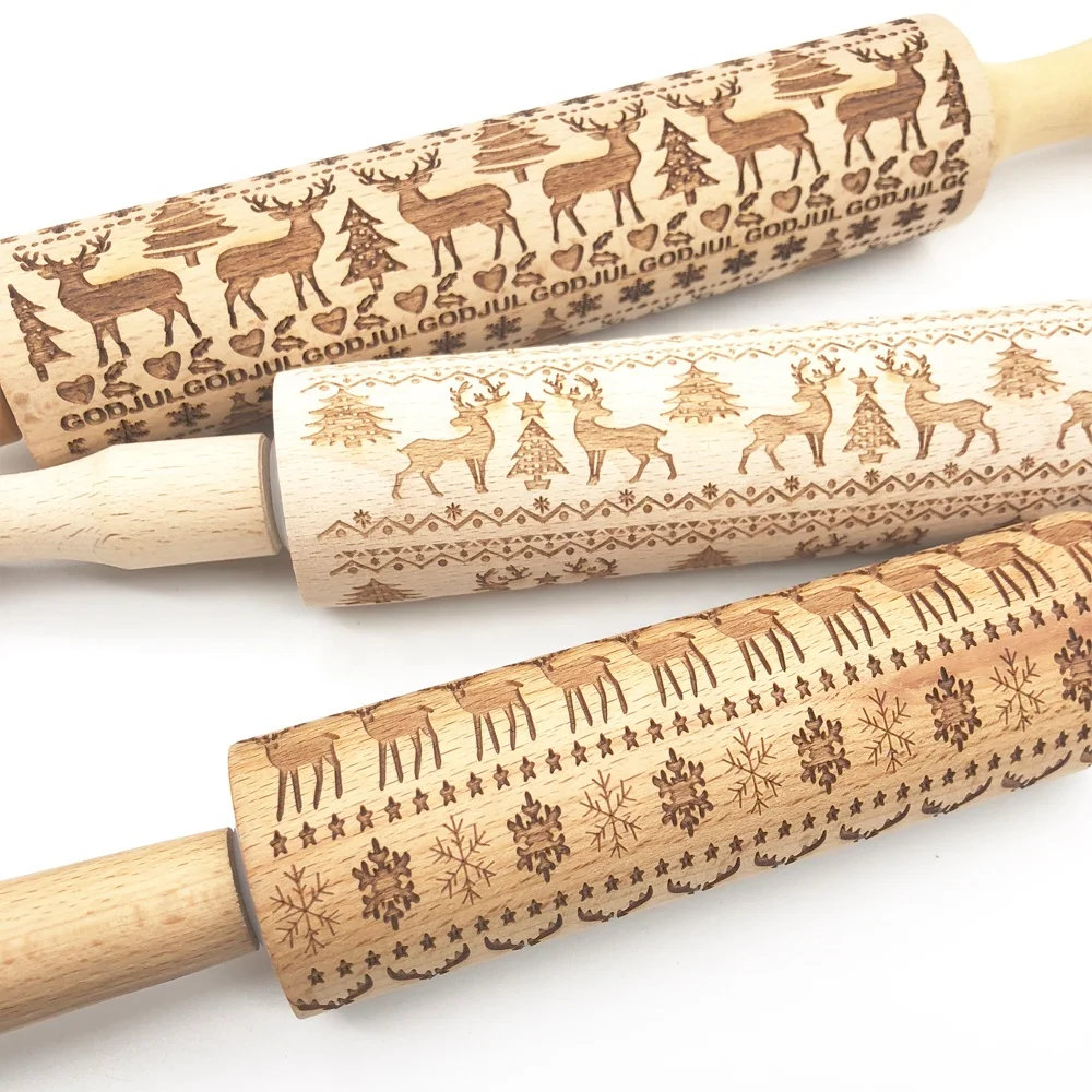 2020 natural wooden print rolling pin christmas decoration