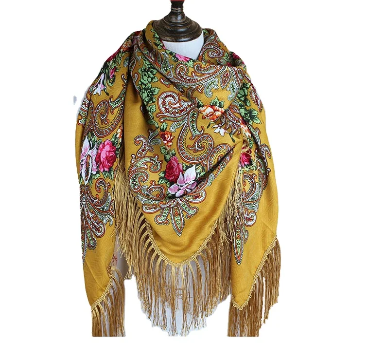 Wholesale Tassel fringe Printed Woman Hijab Wind Large Square Shawl Russian Scarf