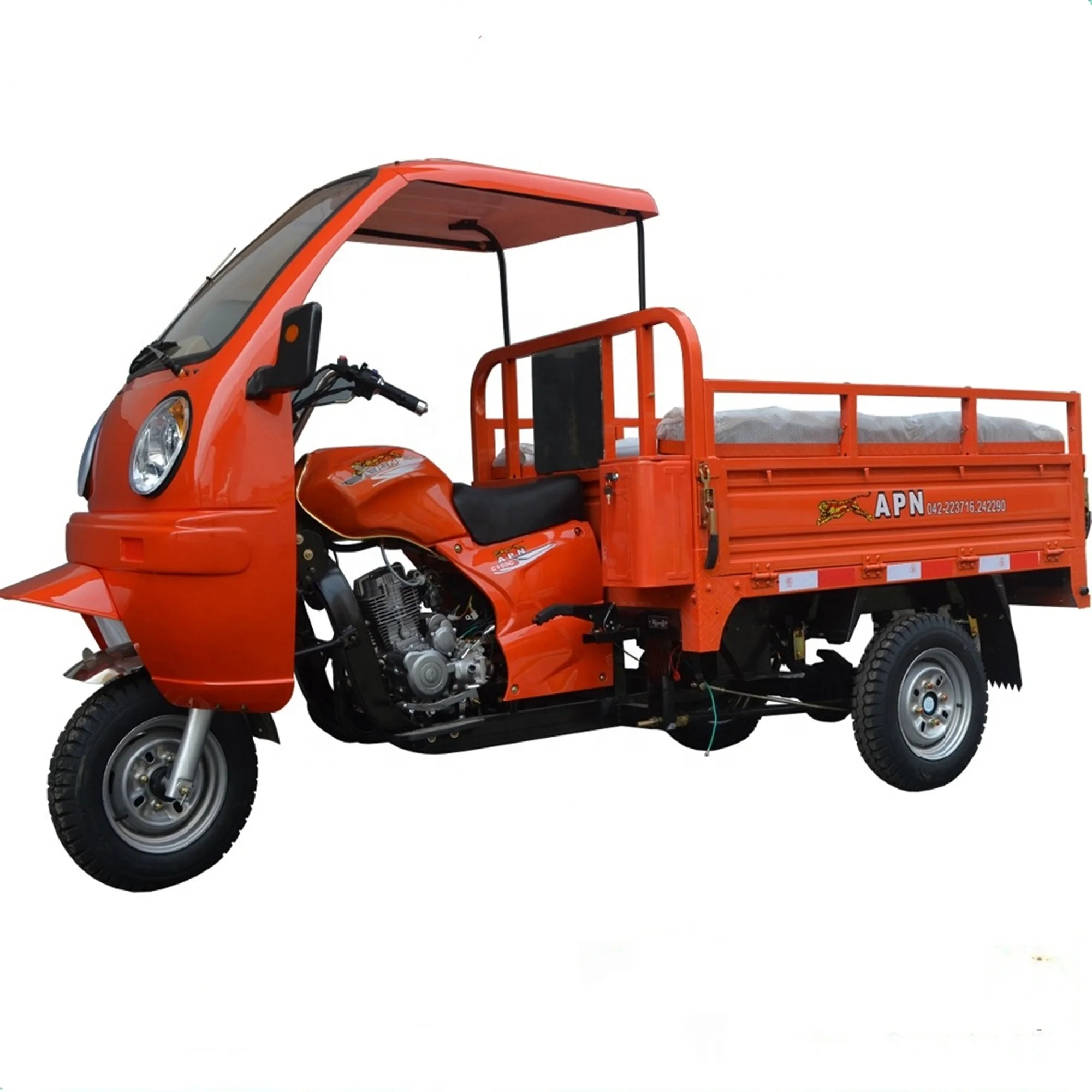 motorized gas powered three wheel cargo tricycle with passenger seats with semi-closed cabin for adult to sell
