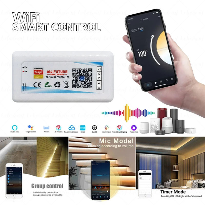 Tuya WiFi Dual Color LED Controller DC 5-24V 18A CCT 2-Channel Constant Voltage PWM Signal Dimmer Smart APP Voice Music Control
